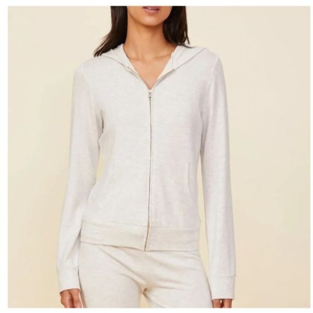 NWT Monrow Cream Oatmeal Fleece Full Zip Hooded Sweatshirt Jacket Womens Med M
